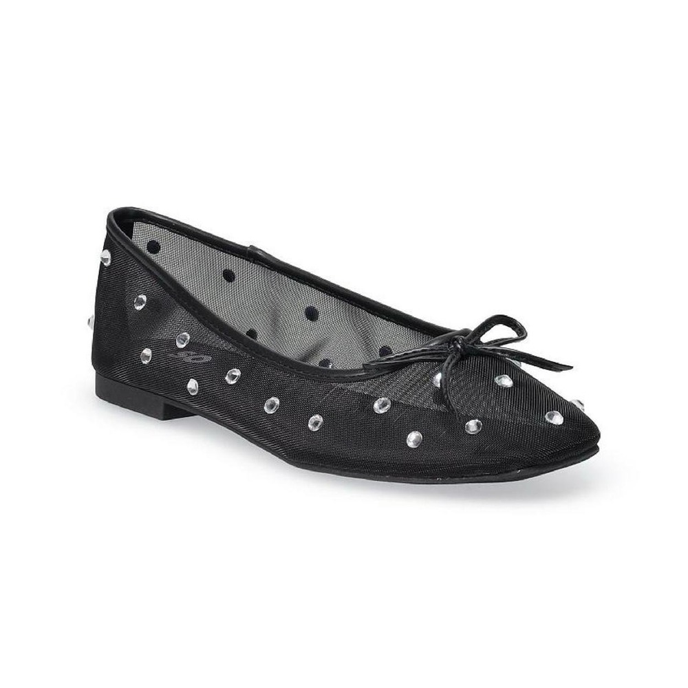 SO Mesh Ballet Flats 7.5 Black Rhinestone Square Toe Lailanii Bow Sparkle Flat